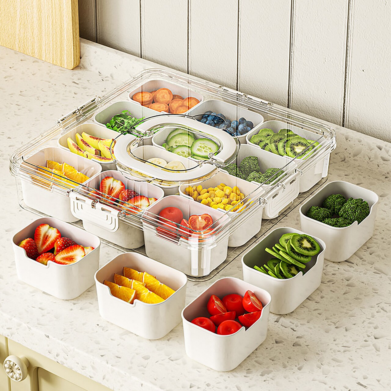 Food Serving Tray Storage Box With Hidden Handle 12 Grids Design Large Capacity Good Sealing Stackable Vegetable Tray